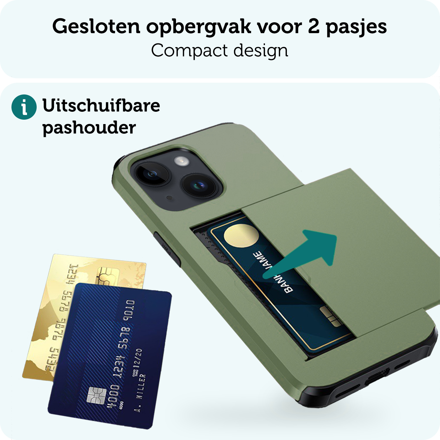 Forterra Hoesje Geschikt voor iPhone 14 Plus Pashouder Hard Case Hoes Met Screenprotector - Hoes Geschikt voor iPhone 14 Plus Hoesje Back Cover Met Pasjeshouder - Donker Groen