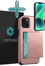 Forterra Hoesje Geschikt voor iPhone 14 Plus Pashouder Hard Case Hoes Met Screenprotector - Hoes Geschikt voor iPhone 14 Plus Hoesje Back Cover Met Pasjeshouder - Rosé Goud