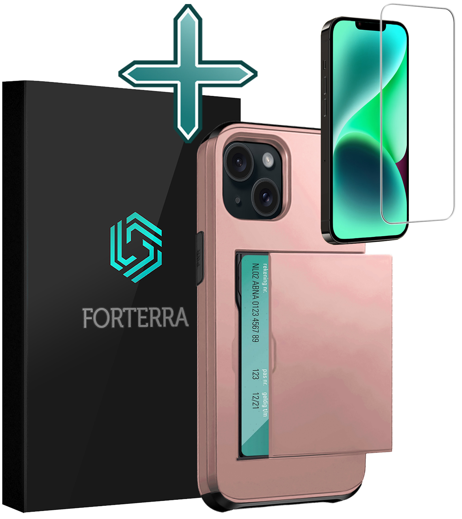 Forterra Hoesje Geschikt voor iPhone 14 Plus Pashouder Hard Case Hoes Met Screenprotector - Hoes Geschikt voor iPhone 14 Plus Hoesje Back Cover Met Pasjeshouder - Rosé Goud