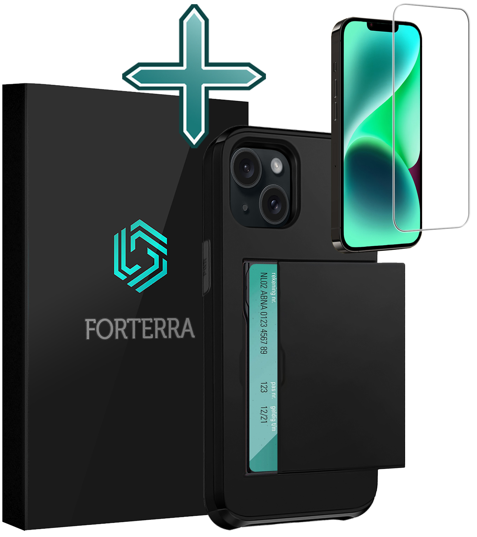 Forterra Hoesje Geschikt voor iPhone 14 Plus Pashouder Hard Case Hoes Met Screenprotector - Hoes Geschikt voor iPhone 14 Plus Hoesje Back Cover Met Pasjeshouder - Zwart