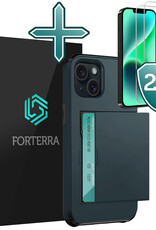 Forterra Hoesje Geschikt voor iPhone 14 Plus Pashouder Hard Case Hoes Met 2x Screenprotector - Hoes Geschikt voor iPhone 14 Plus Hoesje Back Cover Met Pasjeshouder - Donker Blauw