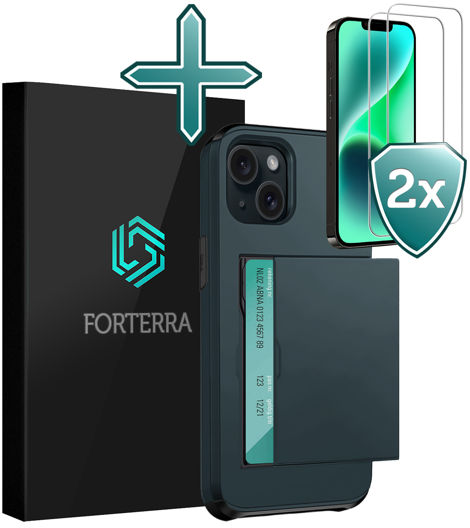 Forterra Hoesje Geschikt voor iPhone 14 Plus Pashouder Hard Case Hoes Met 2x Screenprotector - Hoes Geschikt voor iPhone 14 Plus Hoesje Back Cover Met Pasjeshouder - Donker Blauw