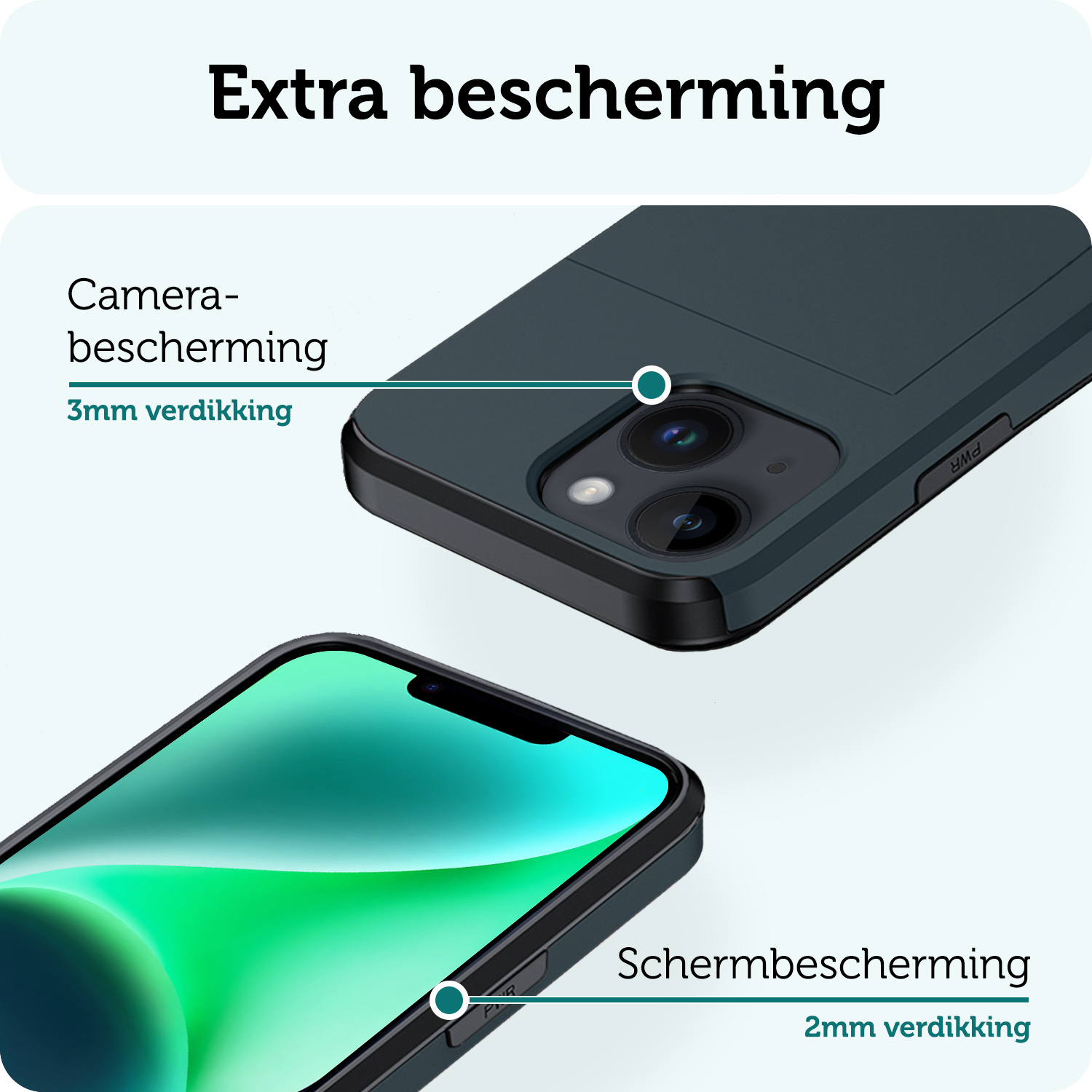 Forterra Hoesje Geschikt voor iPhone 14 Plus Pashouder Hard Case Hoes Met 2x Screenprotector - Hoes Geschikt voor iPhone 14 Plus Hoesje Back Cover Met Pasjeshouder - Donker Blauw