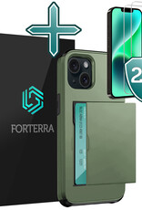 Forterra Hoesje Geschikt voor iPhone 14 Plus Pashouder Hard Case Hoes Met 2x Screenprotector - Hoes Geschikt voor iPhone 14 Plus Hoesje Back Cover Met Pasjeshouder - Donker Groen