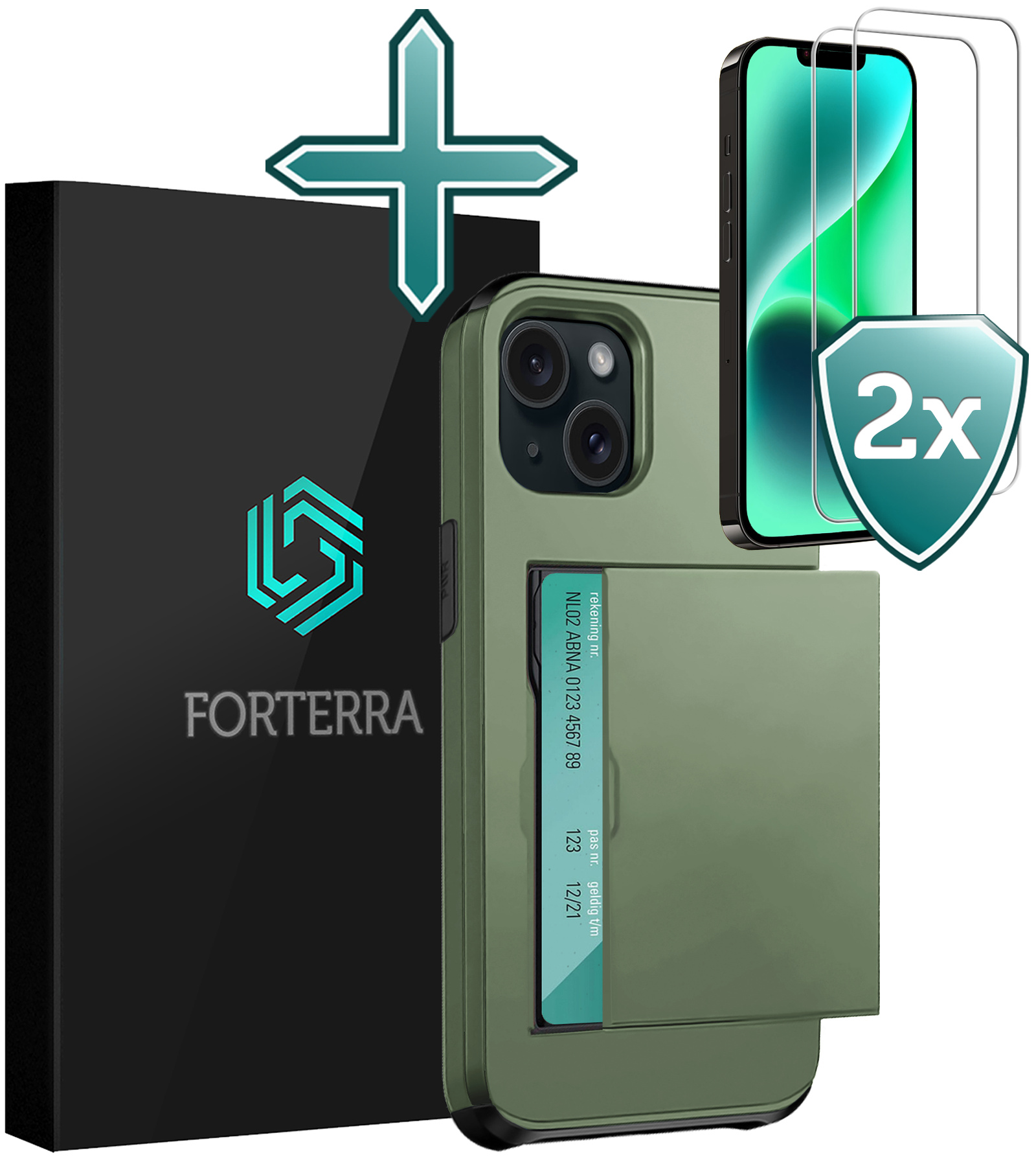 Forterra Hoesje Geschikt voor iPhone 14 Plus Pashouder Hard Case Hoes Met 2x Screenprotector - Hoes Geschikt voor iPhone 14 Plus Hoesje Back Cover Met Pasjeshouder - Donker Groen