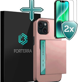 Forterra Forterra iPhone 14 Plus Hoesje Pashouder Hard Met 2x Screenprotector - Rosé Goud