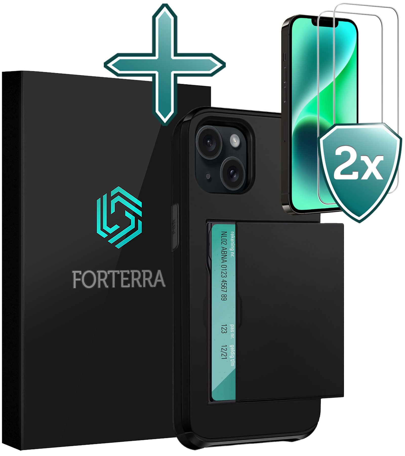 Forterra Hoesje Geschikt voor iPhone 14 Plus Pashouder Hard Case Hoes Met 2x Screenprotector - Hoes Geschikt voor iPhone 14 Plus Hoesje Back Cover Met Pasjeshouder - Zwart