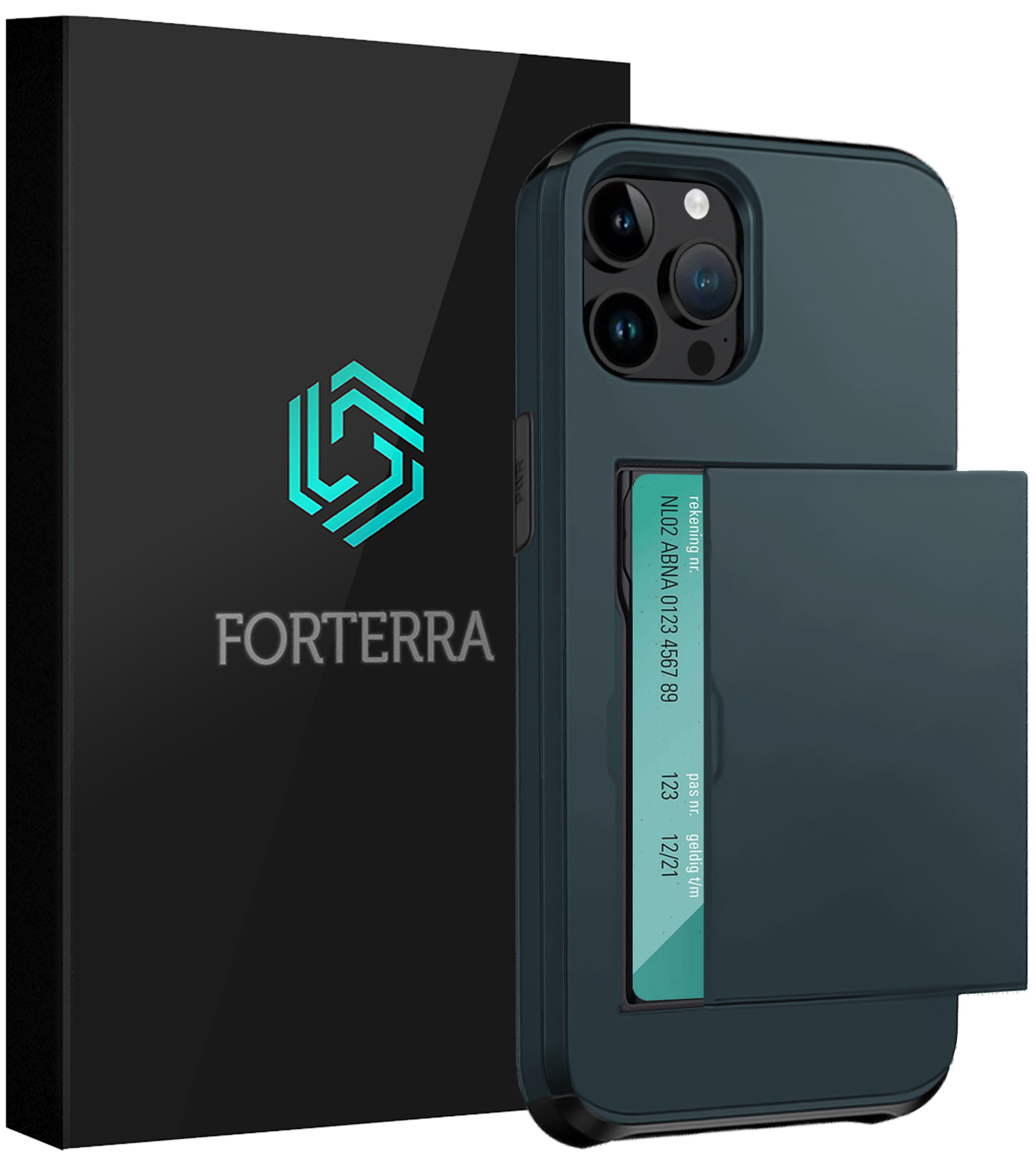 Forterra Hoesje Geschikt voor iPhone 14 Pro Pashouder Hard Case Hoes - Hoes Geschikt voor iPhone 14 Pro Hoesje Back Cover Met Pasjeshouder - Donker Blauw