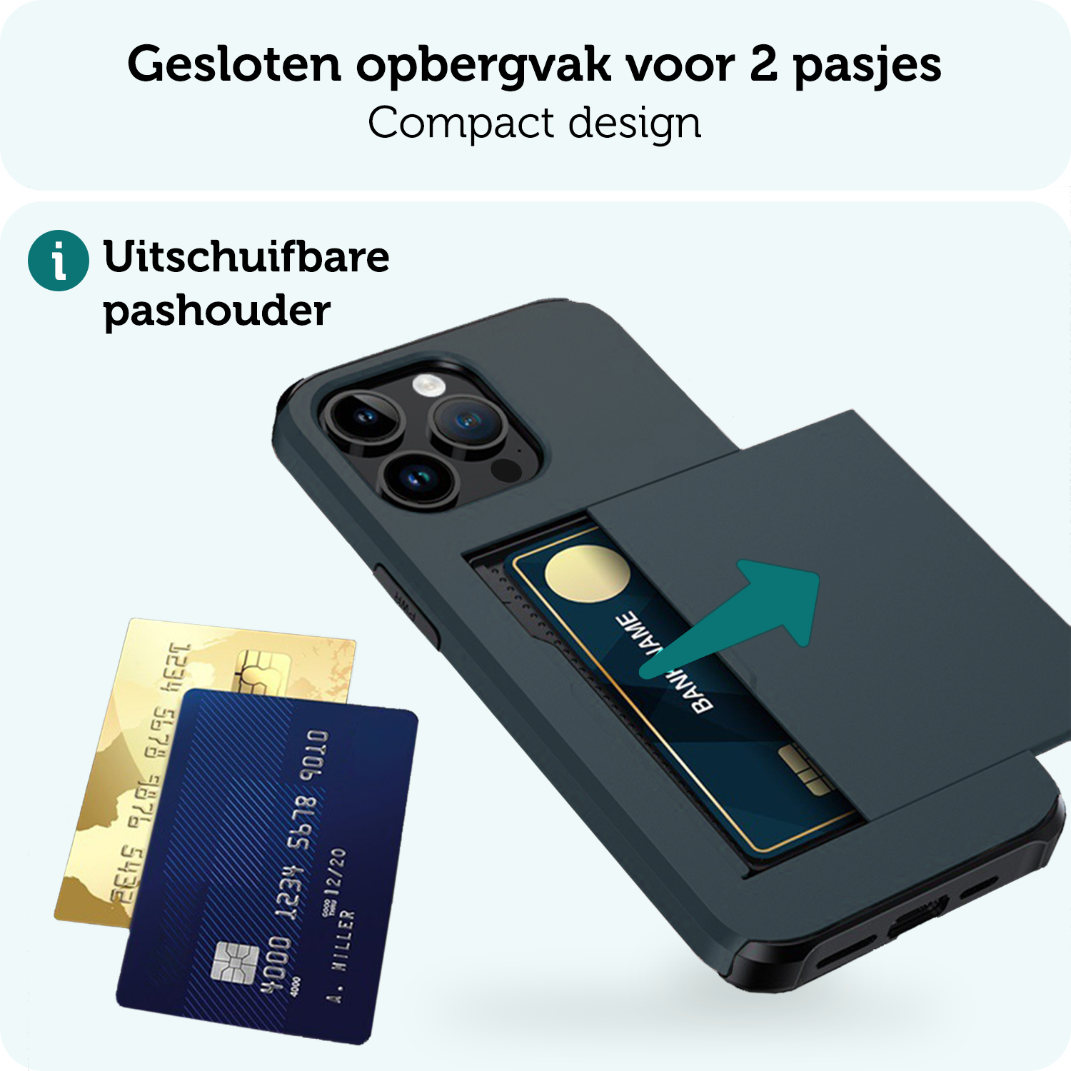 Forterra Hoesje Geschikt voor iPhone 14 Pro Pashouder Hard Case Hoes - Hoes Geschikt voor iPhone 14 Pro Hoesje Back Cover Met Pasjeshouder - Donker Blauw