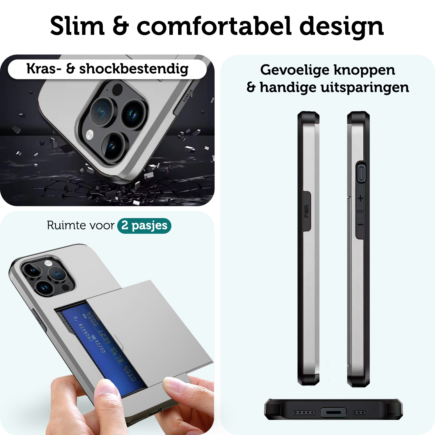Forterra Hoesje Geschikt voor iPhone 14 Pro Pashouder Hard Case Hoes - Hoes Geschikt voor iPhone 14 Pro Hoesje Back Cover Met Pasjeshouder - Grijs