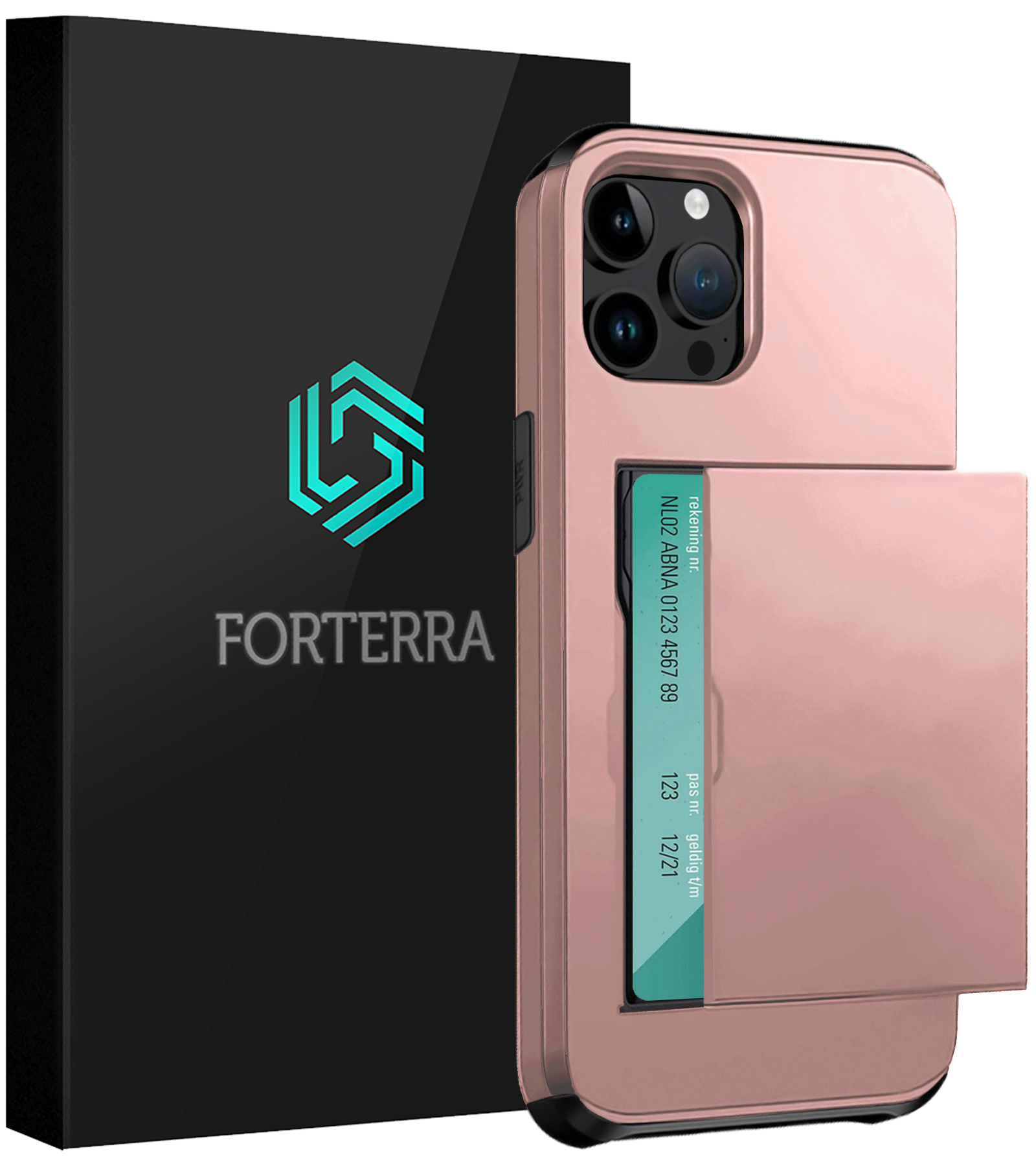 Forterra Hoesje Geschikt voor iPhone 14 Pro Pashouder Hard Case Hoes - Hoes Geschikt voor iPhone 14 Pro Hoesje Back Cover Met Pasjeshouder - Rosé Goud
