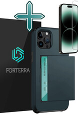 Forterra Hoesje Geschikt voor iPhone 14 Pro Pashouder Hard Case Hoes Met Screenprotector - Hoes Geschikt voor iPhone 14 Pro Hoesje Back Cover Met Pasjeshouder - Donker Blauw