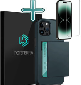 Forterra Forterra iPhone 14 Pro Hoesje Pashouder Hard Met Screenprotector - Donker Blauw