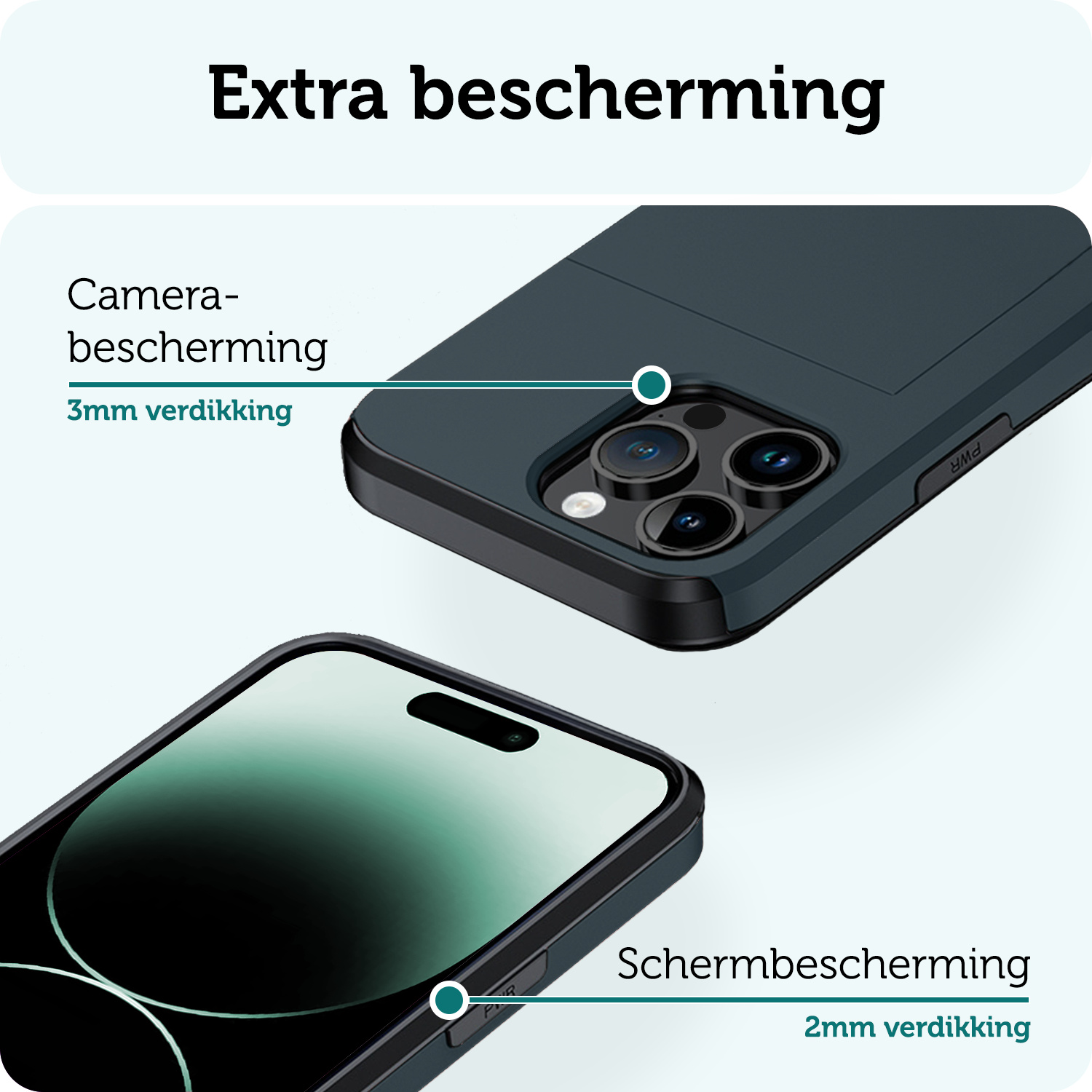 Forterra Hoesje Geschikt voor iPhone 14 Pro Pashouder Hard Case Hoes Met Screenprotector - Hoes Geschikt voor iPhone 14 Pro Hoesje Back Cover Met Pasjeshouder - Donker Blauw