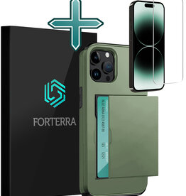 Forterra Forterra iPhone 14 Pro Hoesje Pashouder Hard Met Screenprotector - Donker Groen
