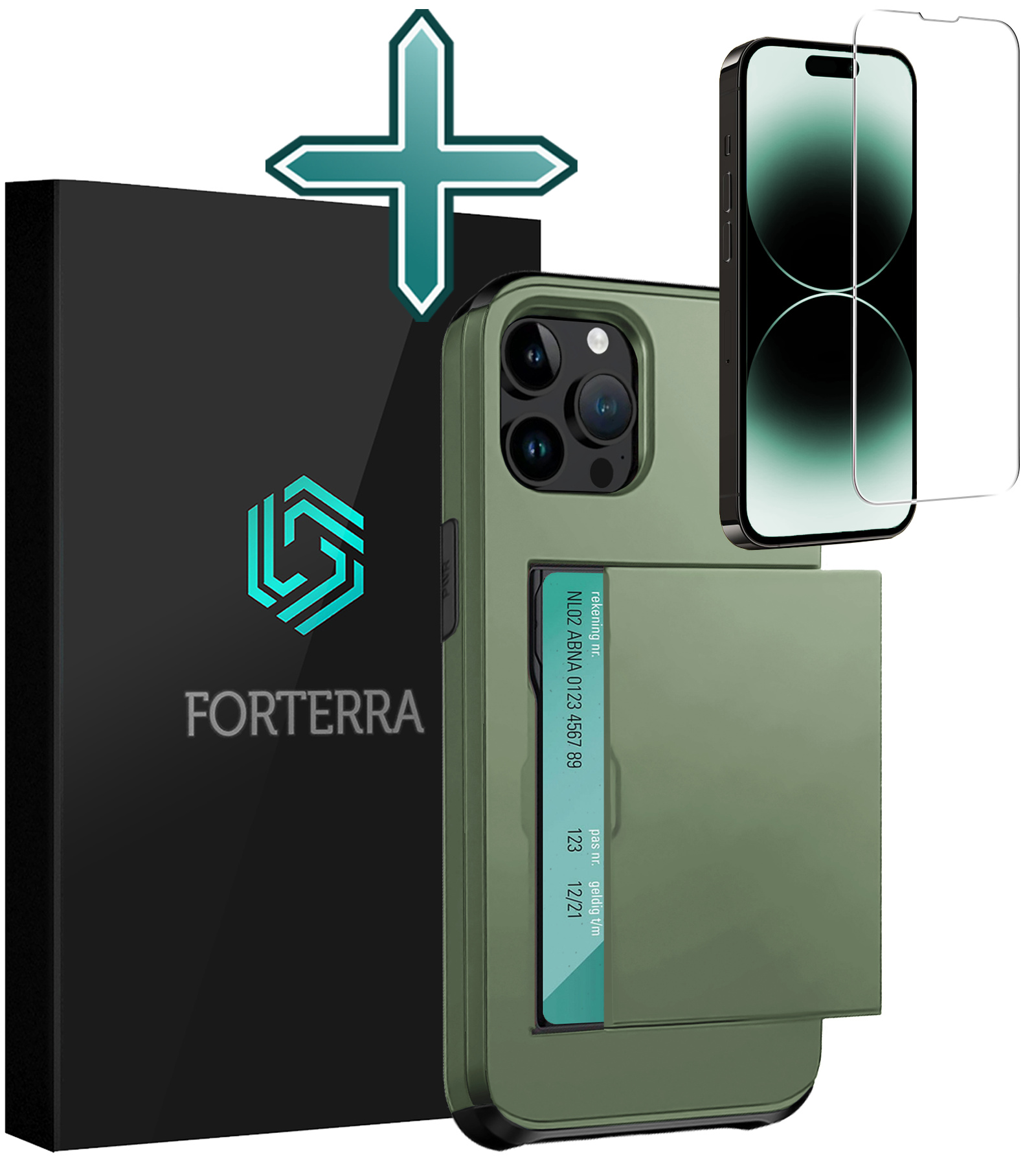Forterra Hoesje Geschikt voor iPhone 14 Pro Pashouder Hard Case Hoes Met Screenprotector - Hoes Geschikt voor iPhone 14 Pro Hoesje Back Cover Met Pasjeshouder - Donker Groen