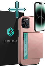 Forterra Hoesje Geschikt voor iPhone 14 Pro Pashouder Hard Case Hoes Met Screenprotector - Hoes Geschikt voor iPhone 14 Pro Hoesje Back Cover Met Pasjeshouder - Rosé Goud