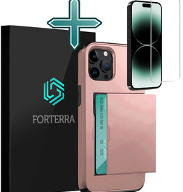 Forterra Forterra iPhone 14 Pro Hoesje Pashouder Hard Met Screenprotector - Rosé Goud