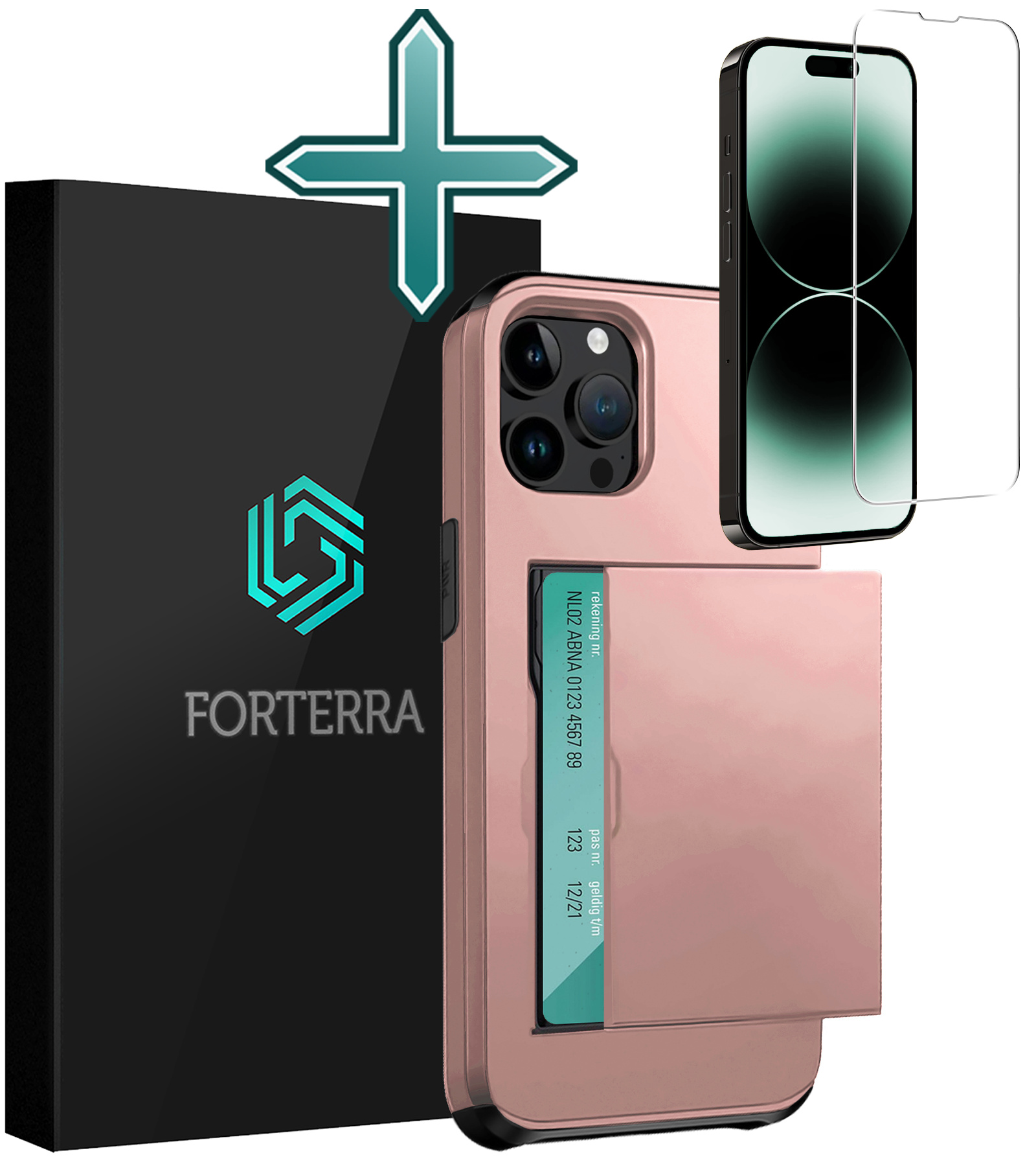 Forterra Hoesje Geschikt voor iPhone 14 Pro Pashouder Hard Case Hoes Met Screenprotector - Hoes Geschikt voor iPhone 14 Pro Hoesje Back Cover Met Pasjeshouder - Rosé Goud