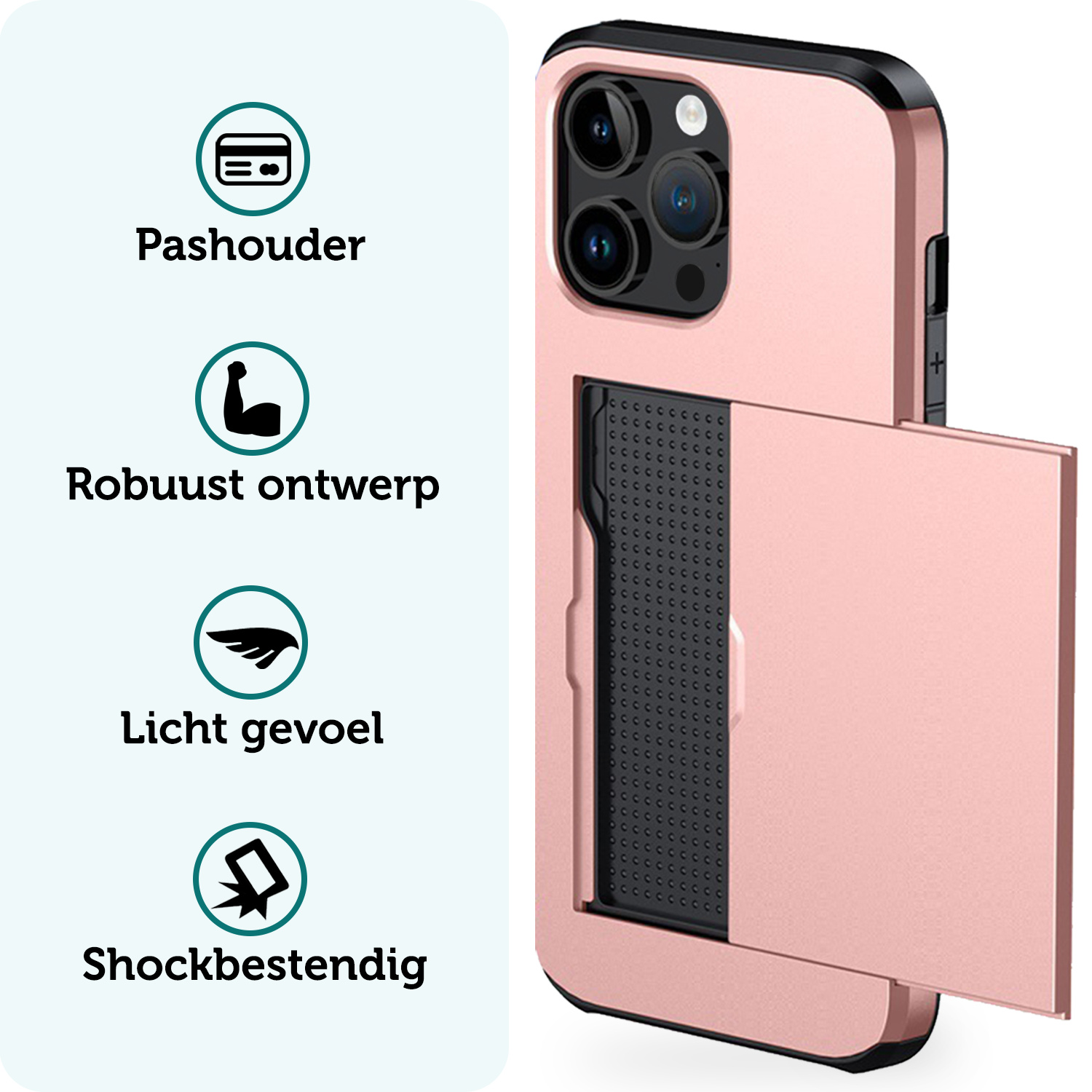 Forterra Hoesje Geschikt voor iPhone 14 Pro Pashouder Hard Case Hoes Met Screenprotector - Hoes Geschikt voor iPhone 14 Pro Hoesje Back Cover Met Pasjeshouder - Rosé Goud