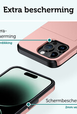 Forterra Hoesje Geschikt voor iPhone 14 Pro Pashouder Hard Case Hoes Met Screenprotector - Hoes Geschikt voor iPhone 14 Pro Hoesje Back Cover Met Pasjeshouder - Rosé Goud