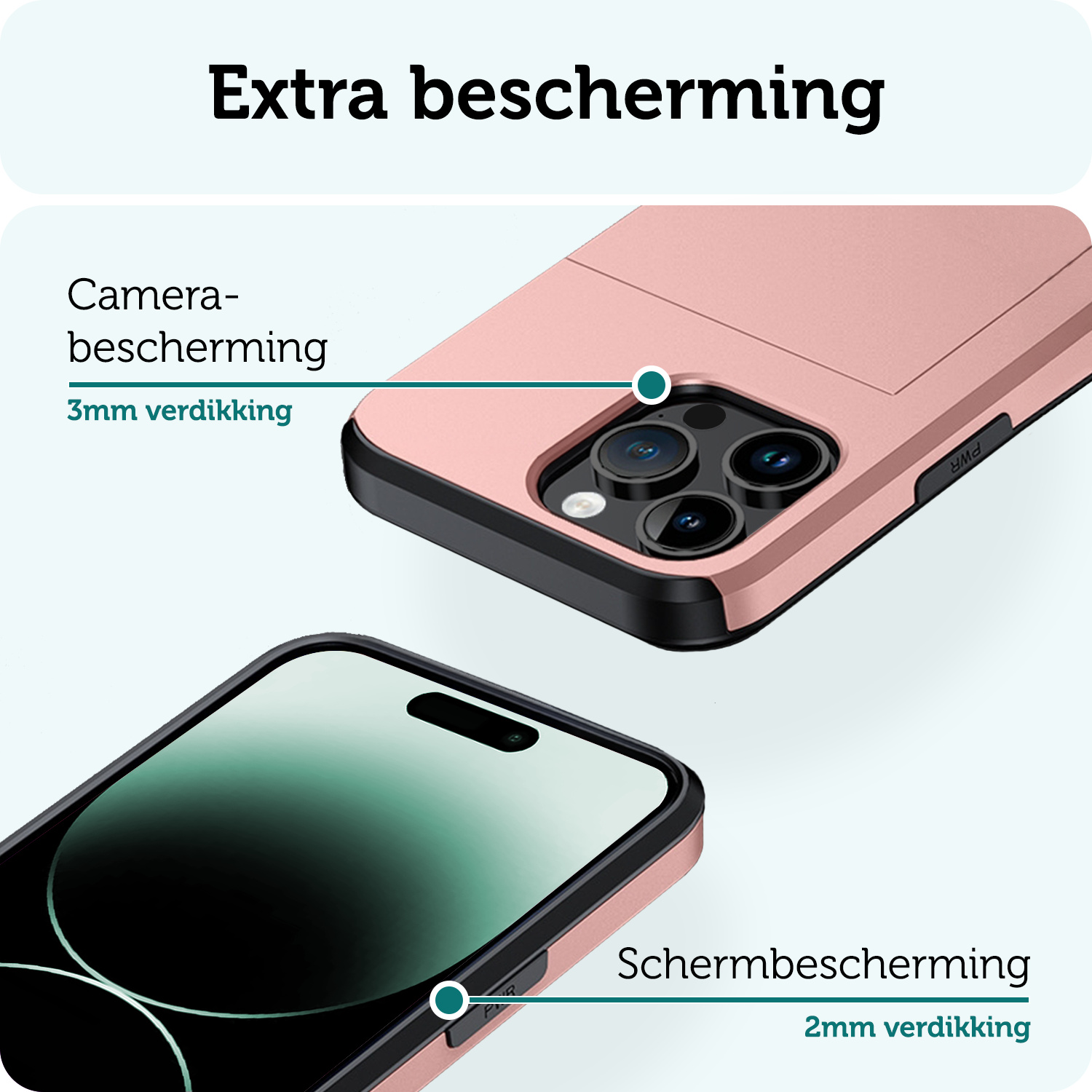 Forterra Hoesje Geschikt voor iPhone 14 Pro Pashouder Hard Case Hoes Met Screenprotector - Hoes Geschikt voor iPhone 14 Pro Hoesje Back Cover Met Pasjeshouder - Rosé Goud