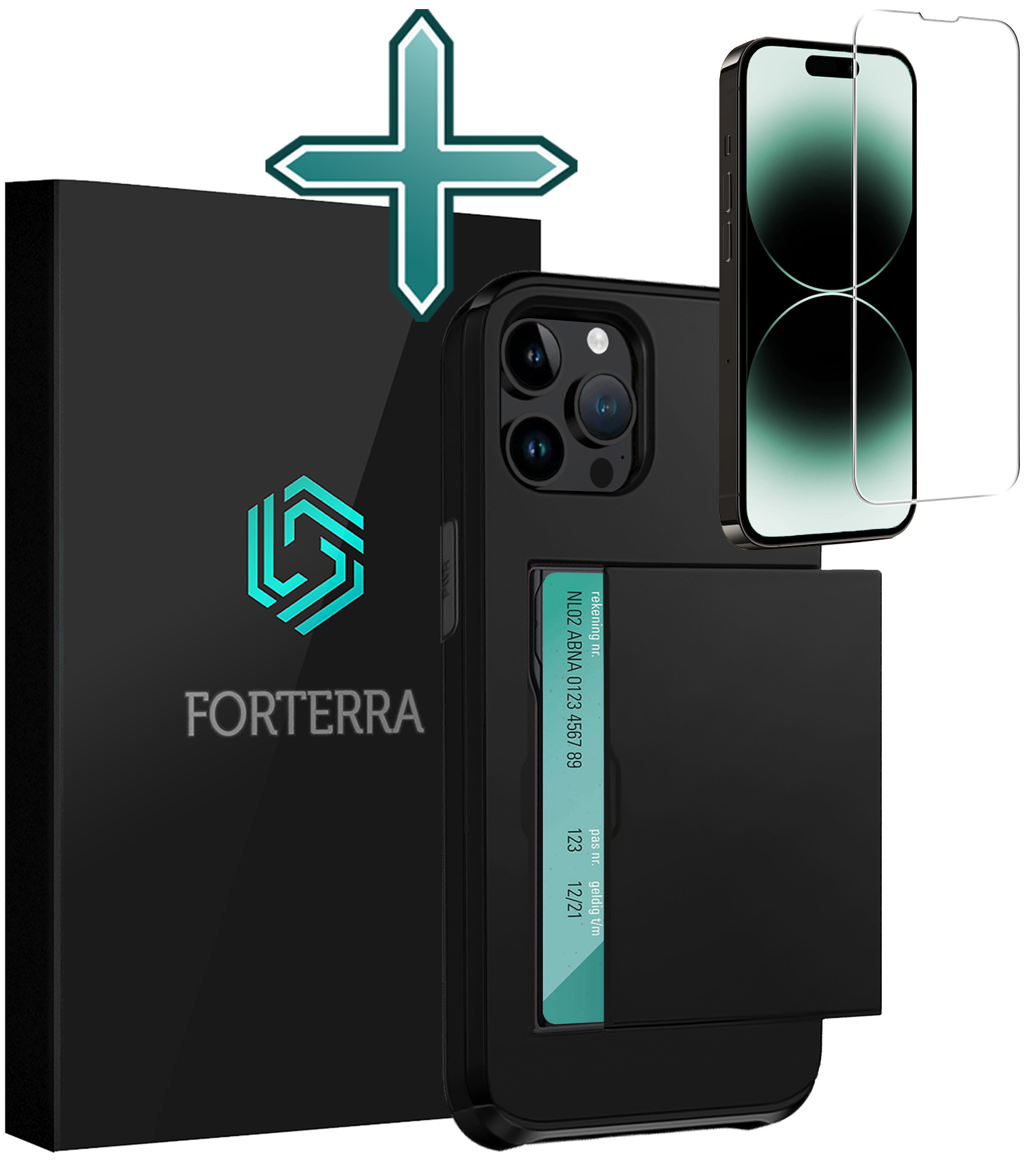 Forterra Hoesje Geschikt voor iPhone 14 Pro Pashouder Hard Case Hoes Met Screenprotector - Hoes Geschikt voor iPhone 14 Pro Hoesje Back Cover Met Pasjeshouder - Zwart