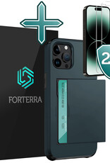 Forterra Hoesje Geschikt voor iPhone 14 Pro Pashouder Hard Case Hoes Met 2x Screenprotector - Hoes Geschikt voor iPhone 14 Pro Hoesje Back Cover Met Pasjeshouder - Donker Blauw