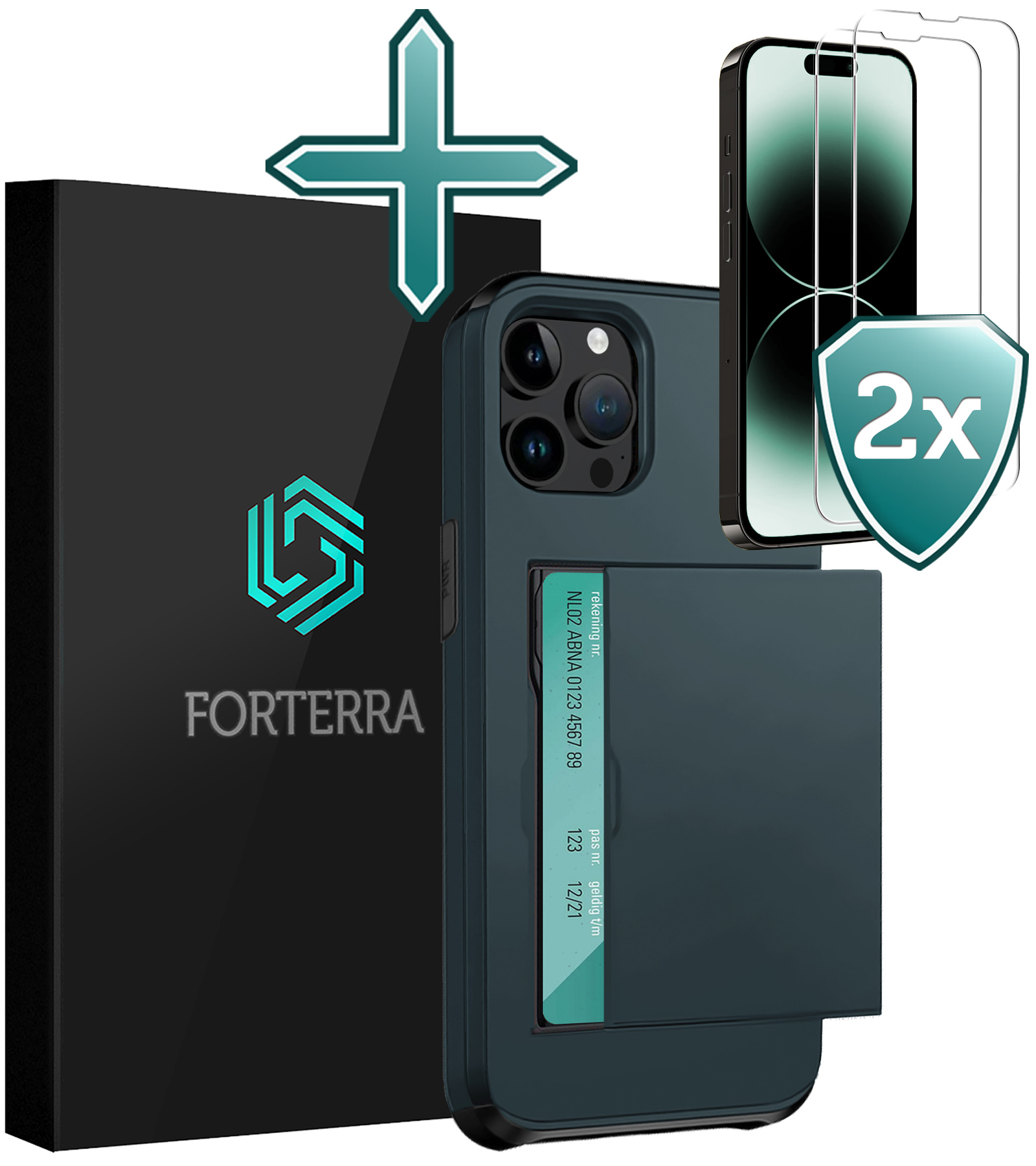 Forterra Hoesje Geschikt voor iPhone 14 Pro Pashouder Hard Case Hoes Met 2x Screenprotector - Hoes Geschikt voor iPhone 14 Pro Hoesje Back Cover Met Pasjeshouder - Donker Blauw