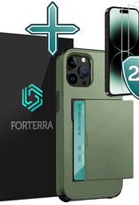 Forterra Hoesje Geschikt voor iPhone 14 Pro Pashouder Hard Case Hoes Met 2x Screenprotector - Hoes Geschikt voor iPhone 14 Pro Hoesje Back Cover Met Pasjeshouder - Donker Groen