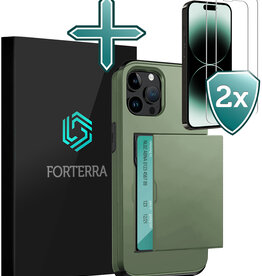 Forterra Forterra iPhone 14 Pro Hoesje Pashouder Hard Met 2x Screenprotector - Donker Groen