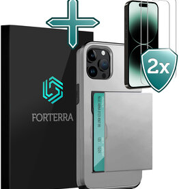 Forterra Forterra iPhone 14 Pro Hoesje Pashouder Hard Met 2x Screenprotector - Grijs