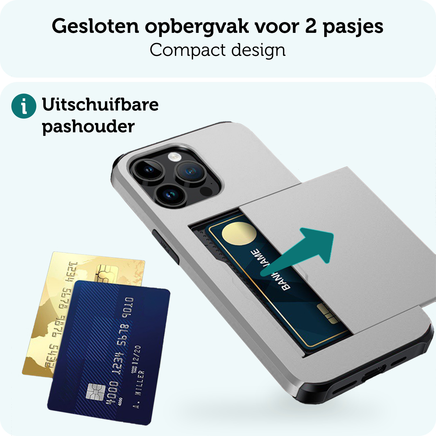 Forterra Hoesje Geschikt voor iPhone 14 Pro Pashouder Hard Case Hoes Met 2x Screenprotector - Hoes Geschikt voor iPhone 14 Pro Hoesje Back Cover Met Pasjeshouder - Grijs