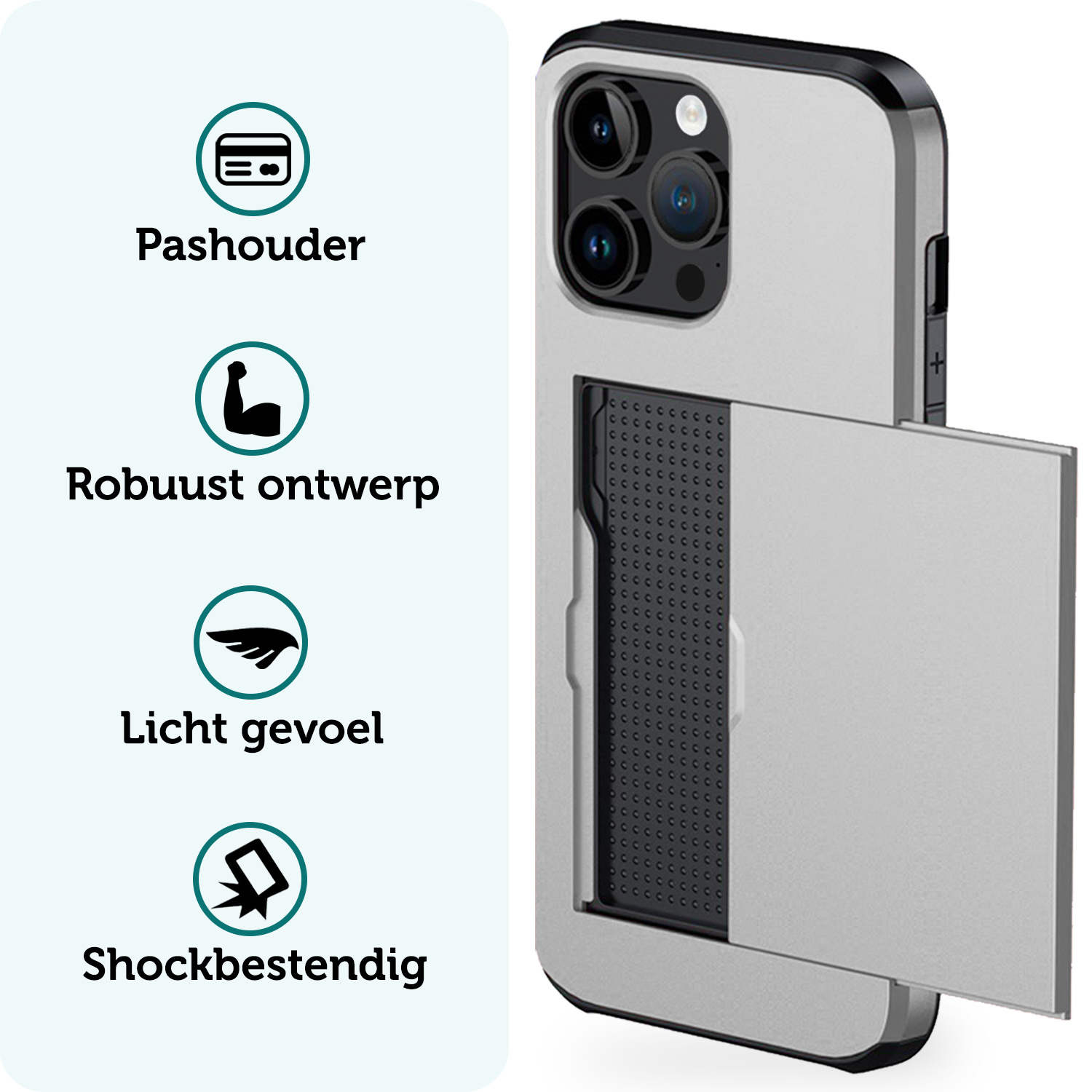 Forterra Hoesje Geschikt voor iPhone 14 Pro Pashouder Hard Case Hoes Met 2x Screenprotector - Hoes Geschikt voor iPhone 14 Pro Hoesje Back Cover Met Pasjeshouder - Grijs