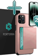 Forterra Hoesje Geschikt voor iPhone 14 Pro Pashouder Hard Case Hoes Met 2x Screenprotector - Hoes Geschikt voor iPhone 14 Pro Hoesje Back Cover Met Pasjeshouder - Rosé Goud