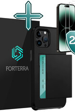 Forterra Hoesje Geschikt voor iPhone 14 Pro Pashouder Hard Case Hoes Met 2x Screenprotector - Hoes Geschikt voor iPhone 14 Pro Hoesje Back Cover Met Pasjeshouder - Zwart