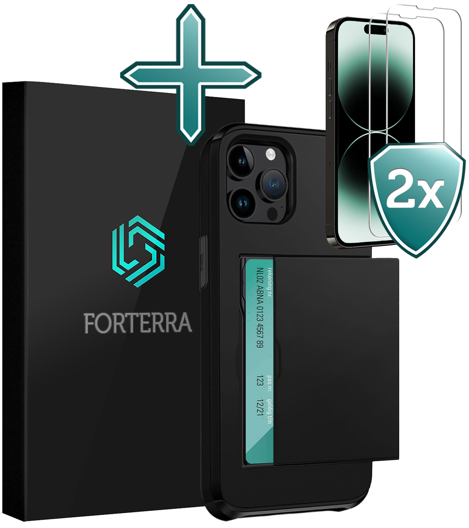 Forterra Hoesje Geschikt voor iPhone 14 Pro Pashouder Hard Case Hoes Met 2x Screenprotector - Hoes Geschikt voor iPhone 14 Pro Hoesje Back Cover Met Pasjeshouder - Zwart
