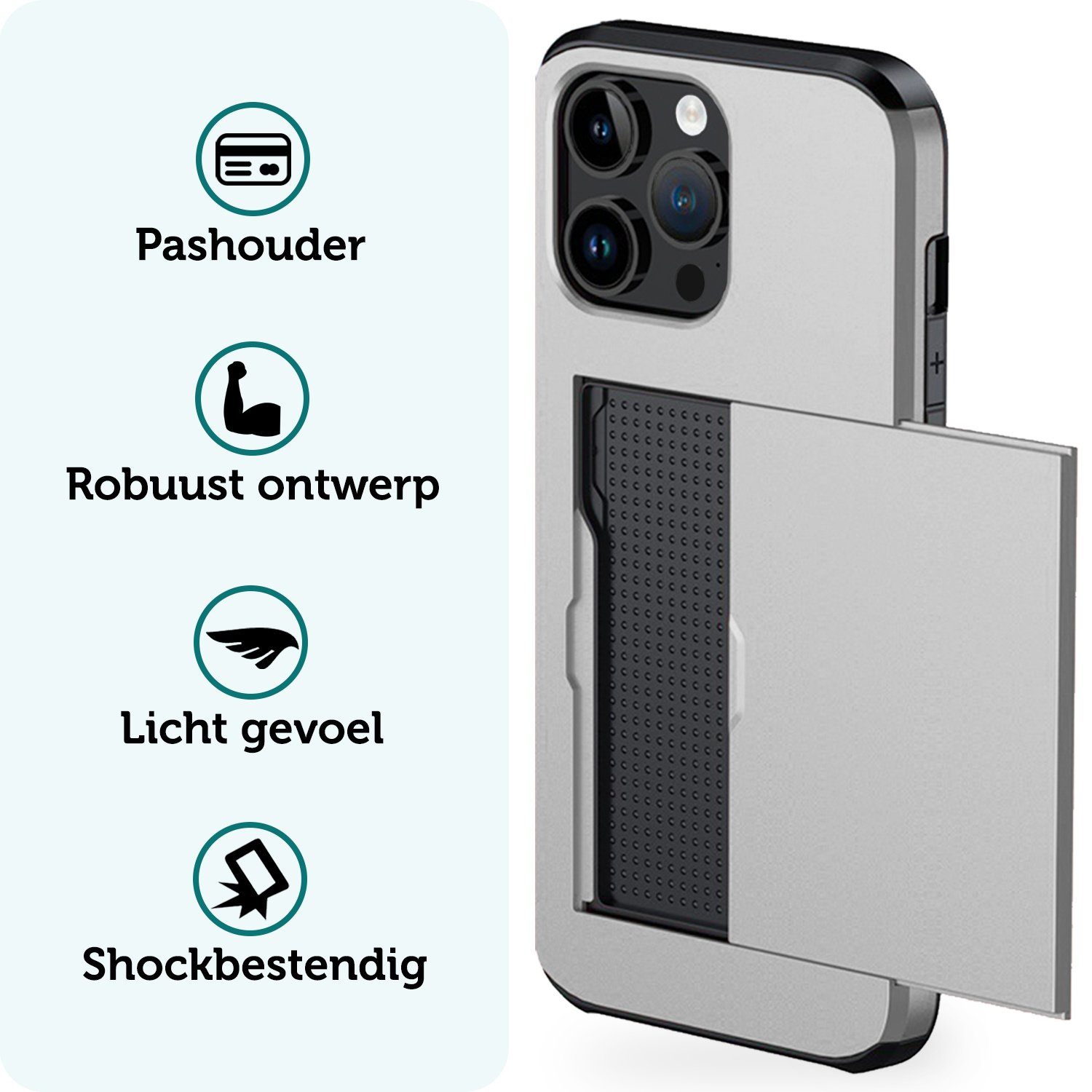 Forterra Hoesje Geschikt voor iPhone 14 Pro Max Pashouder Hard Case Hoes - Hoes Geschikt voor iPhone 14 Pro Max Hoesje Back Cover Met Pasjeshouder - Grijs