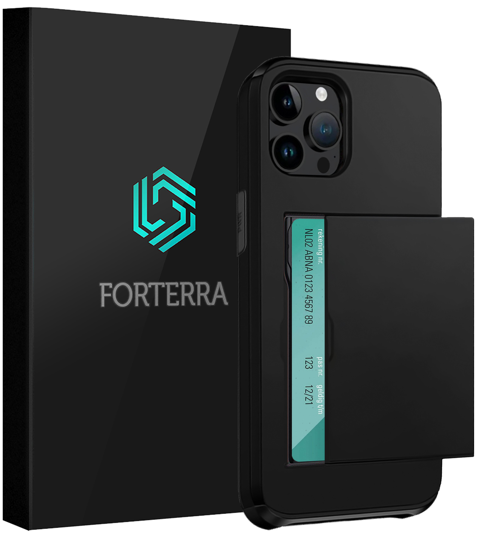 Forterra Hoesje Geschikt voor iPhone 14 Pro Max Pashouder Hard Case Hoes - Hoes Geschikt voor iPhone 14 Pro Max Hoesje Back Cover Met Pasjeshouder - Zwart