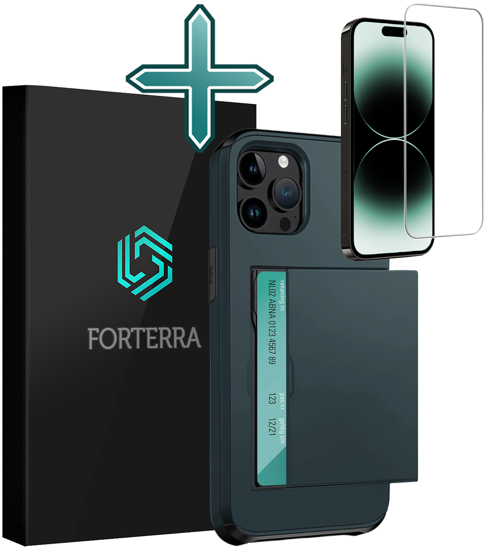 Forterra Hoesje Geschikt voor iPhone 14 Pro Max Pashouder Hard Case Hoes Met Screenprotector - Hoes Geschikt voor iPhone 14 Pro Max Hoesje Back Cover Met Pasjeshouder - Donker Blauw