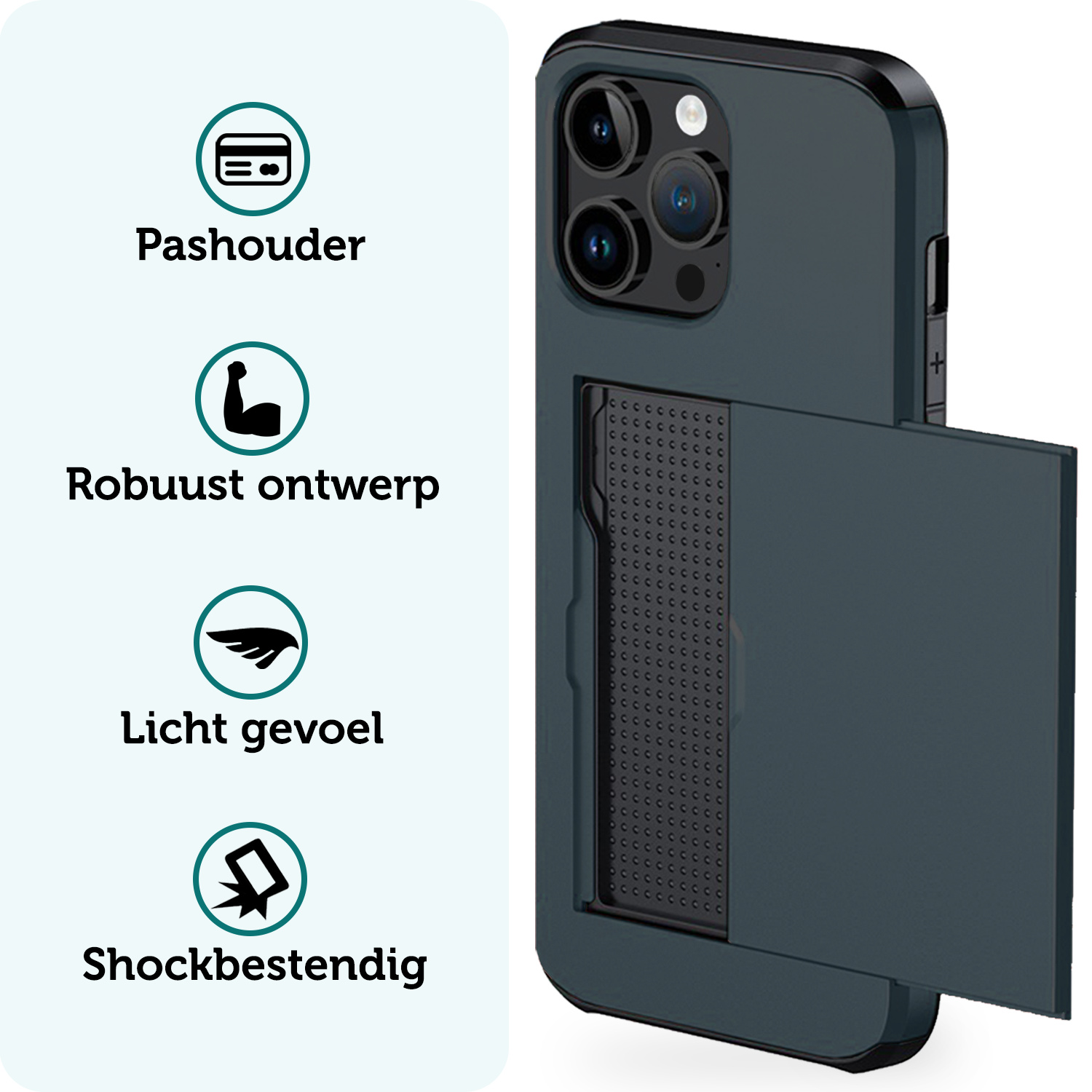 Forterra Hoesje Geschikt voor iPhone 14 Pro Max Pashouder Hard Case Hoes Met Screenprotector - Hoes Geschikt voor iPhone 14 Pro Max Hoesje Back Cover Met Pasjeshouder - Donker Blauw