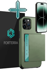 Forterra Hoesje Geschikt voor iPhone 14 Pro Max Pashouder Hard Case Hoes Met Screenprotector - Hoes Geschikt voor iPhone 14 Pro Max Hoesje Back Cover Met Pasjeshouder - Donker Groen