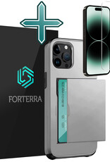 Forterra Hoesje Geschikt voor iPhone 14 Pro Max Pashouder Hard Case Hoes Met Screenprotector - Hoes Geschikt voor iPhone 14 Pro Max Hoesje Back Cover Met Pasjeshouder - Grijs