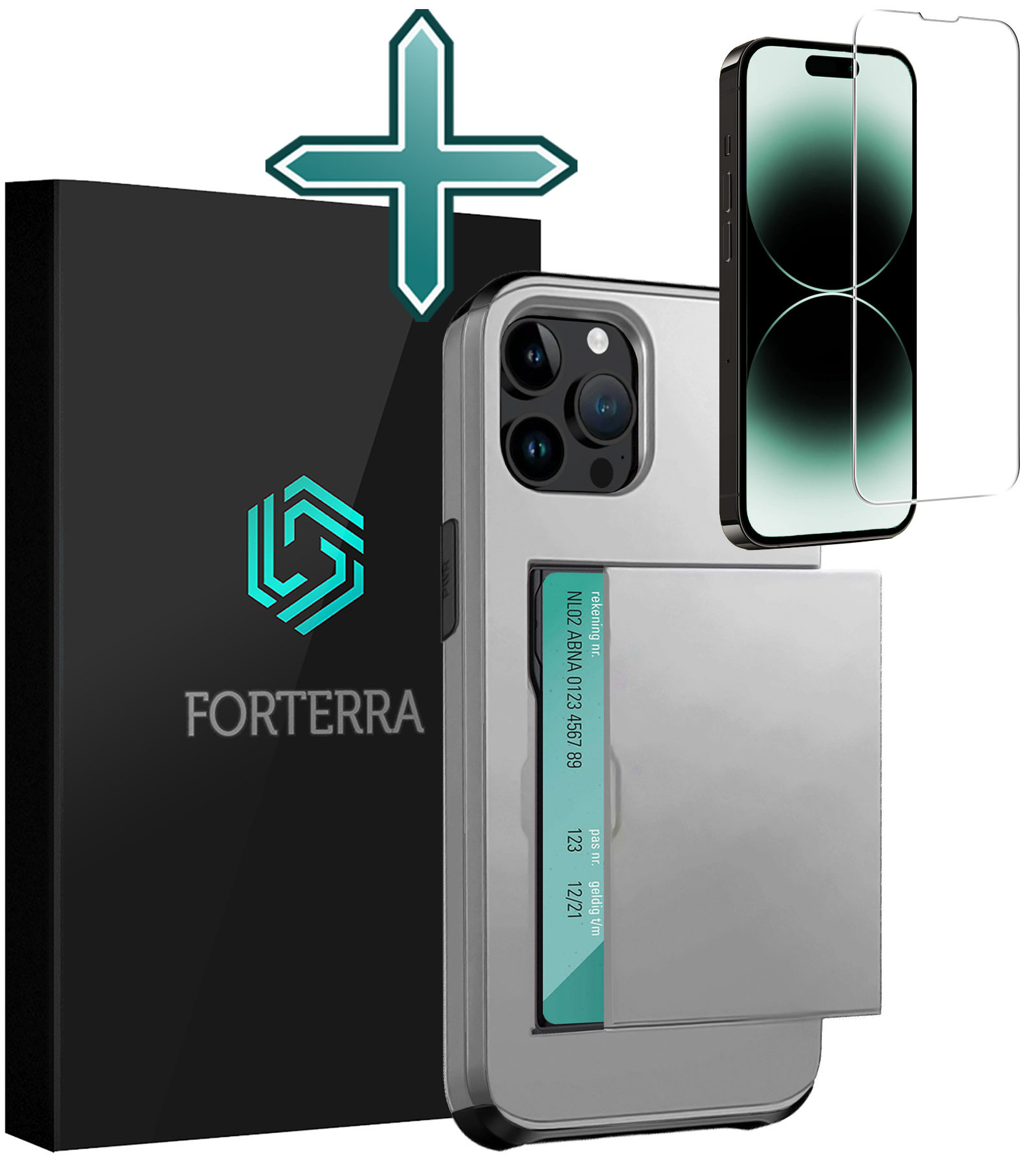 Forterra Hoesje Geschikt voor iPhone 14 Pro Max Pashouder Hard Case Hoes Met Screenprotector - Hoes Geschikt voor iPhone 14 Pro Max Hoesje Back Cover Met Pasjeshouder - Grijs