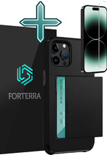 Forterra Hoesje Geschikt voor iPhone 14 Pro Max Pashouder Hard Case Hoes Met Screenprotector - Hoes Geschikt voor iPhone 14 Pro Max Hoesje Back Cover Met Pasjeshouder - Zwart