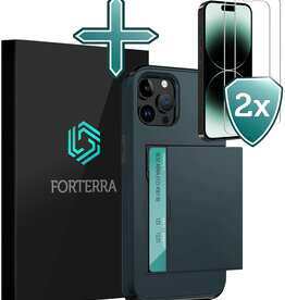Forterra Forterra iPhone 14 Pro Max Hoesje Pashouder Hard Met 2x Screenprotector - Donker Blauw