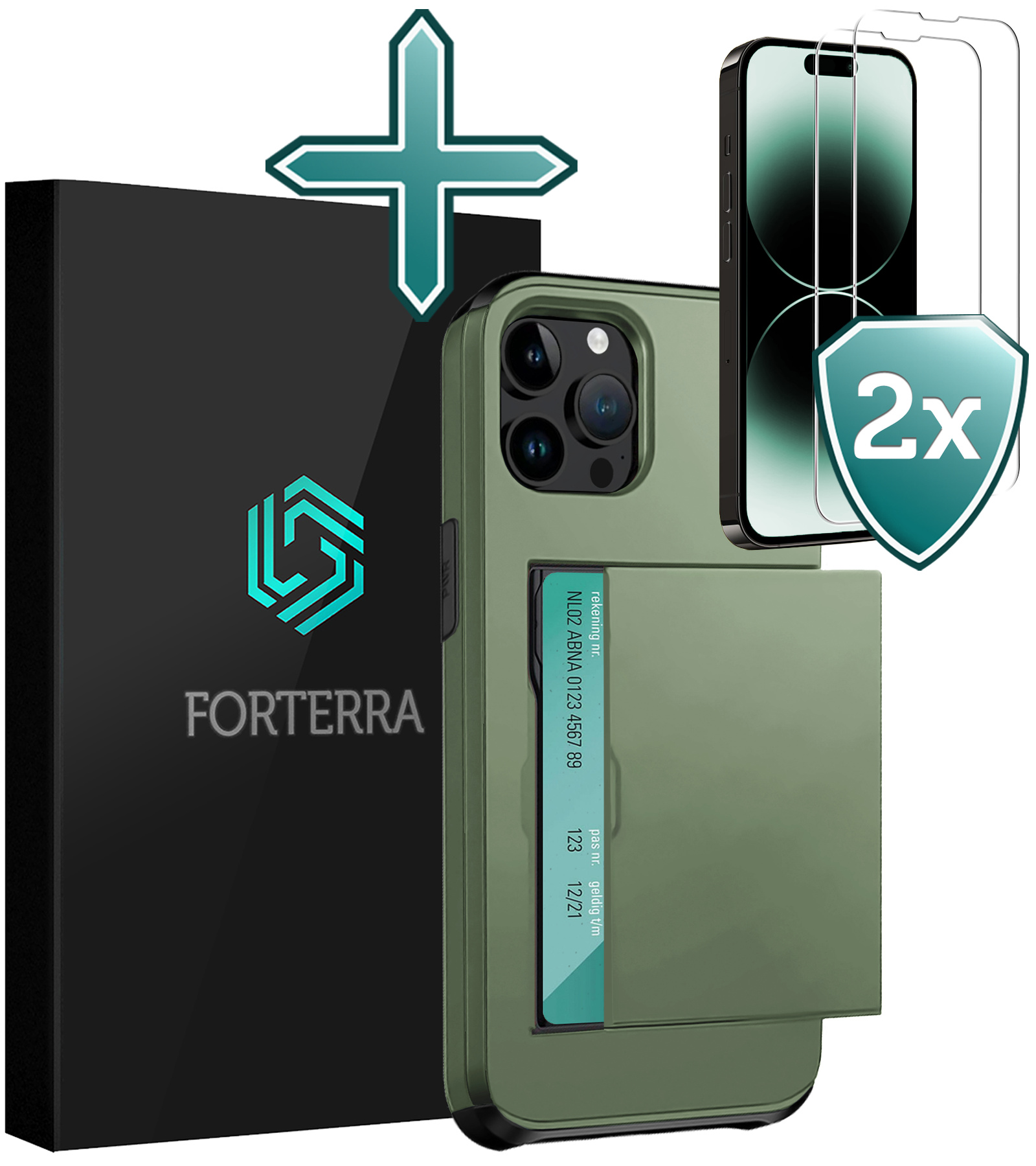 Forterra Hoesje Geschikt voor iPhone 14 Pro Max Pashouder Hard Case Hoes Met 2x Screenprotector - Hoes Geschikt voor iPhone 14 Pro Max Hoesje Back Cover Met Pasjeshouder - Donker Groen