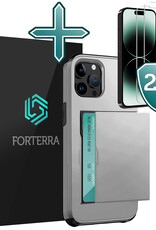 Forterra Hoesje Geschikt voor iPhone 14 Pro Max Pashouder Hard Case Hoes Met 2x Screenprotector - Hoes Geschikt voor iPhone 14 Pro Max Hoesje Back Cover Met Pasjeshouder - Grijs