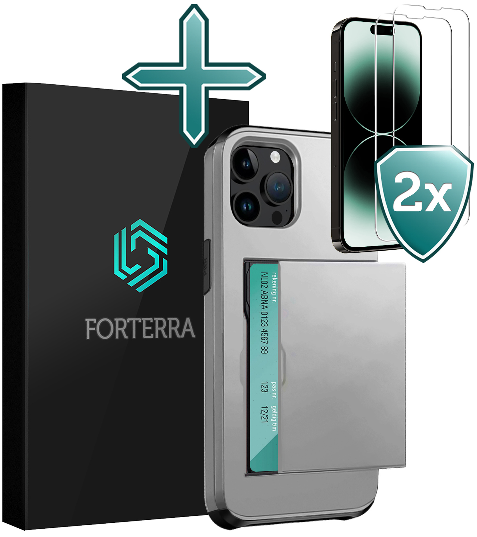 Forterra Hoesje Geschikt voor iPhone 14 Pro Max Pashouder Hard Case Hoes Met 2x Screenprotector - Hoes Geschikt voor iPhone 14 Pro Max Hoesje Back Cover Met Pasjeshouder - Grijs