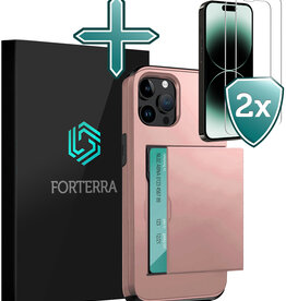 Forterra Forterra iPhone 14 Pro Max Hoesje Pashouder Hard Met 2x Screenprotector - Rosé Goud